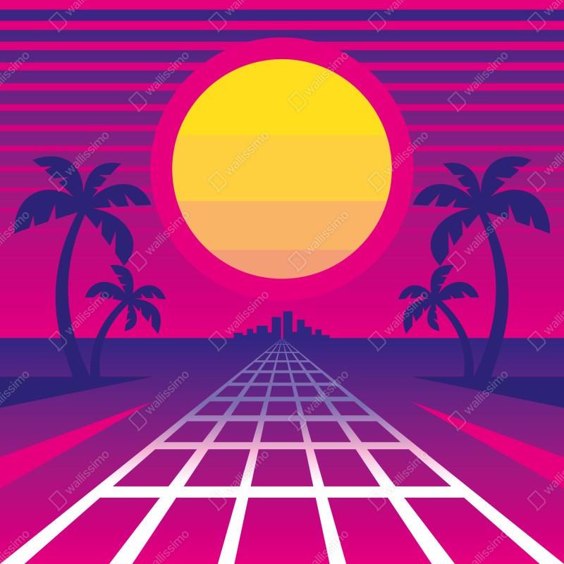 Naklejka na drzwi neonowy zachód słońca nad miastem – Wallissimo® Naklejka na drzwi neonowy zachód słońca nad miastem – Wallissimo®