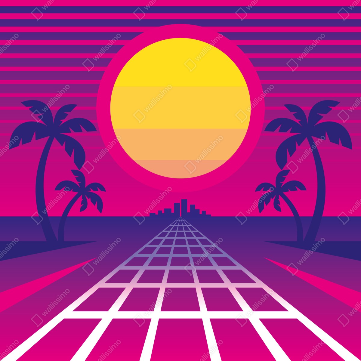 Naklejka na drzwi neonowy zachód słońca nad miastem – Wallissimo® Naklejka na drzwi neonowy zachód słońca nad miastem – Wallissimo®