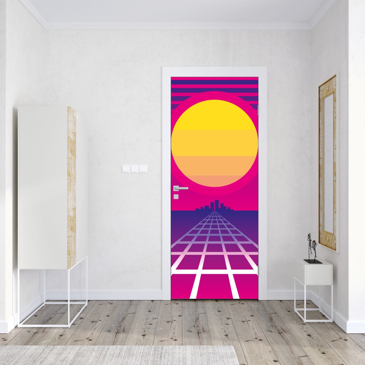 Naklejka na drzwi neonowy zachód słońca nad miastem – Wallissimo® Naklejka na drzwi neonowy zachód słońca nad miastem – Wallissimo®