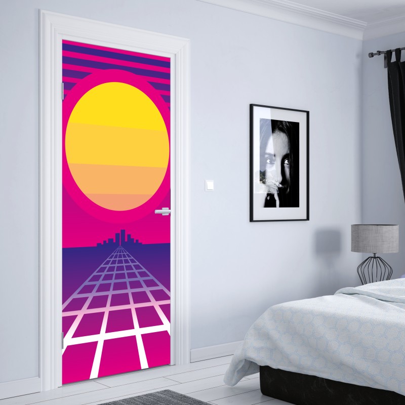 Naklejka na drzwi neonowy zachód słońca nad miastem – Wallissimo® Naklejka na drzwi neonowy zachód słońca nad miastem – Wallissimo®