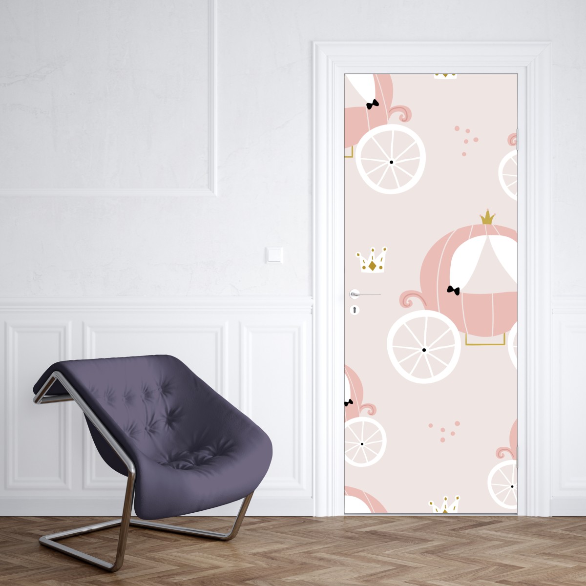 Naklejka na drzwi różowy wzór z karetą księżniczki – Wallissimo® Naklejka na drzwi różowy wzór z karetą księżniczki – Wallissimo®
