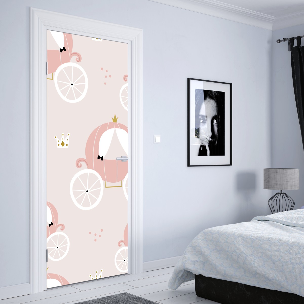 Naklejka na drzwi różowy wzór z karetą księżniczki – Wallissimo® Naklejka na drzwi różowy wzór z karetą księżniczki – Wallissimo®