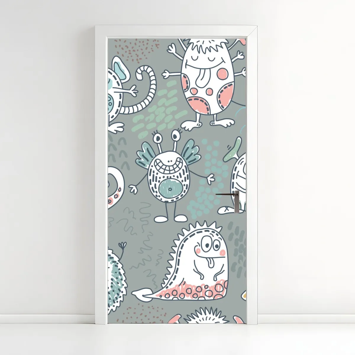 Naklejka na drzwi zabawny pastelowy wzór potworów – Wallissimo® Naklejka na drzwi zabawny pastelowy wzór potworów – Wallissimo®