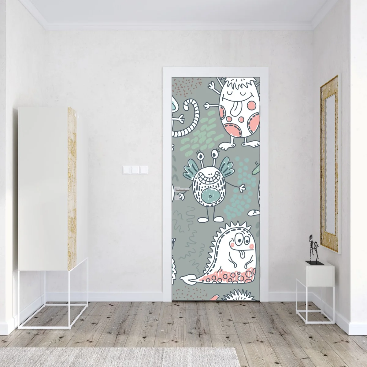 Naklejka na drzwi zabawny pastelowy wzór potworów – Wallissimo® Naklejka na drzwi zabawny pastelowy wzór potworów – Wallissimo®