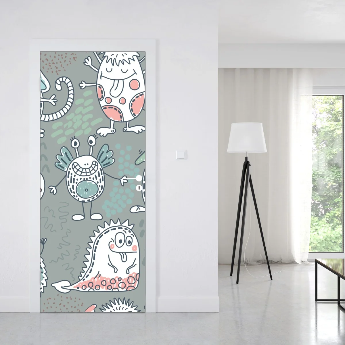 Naklejka na drzwi zabawny pastelowy wzór potworów – Wallissimo® Naklejka na drzwi zabawny pastelowy wzór potworów – Wallissimo®