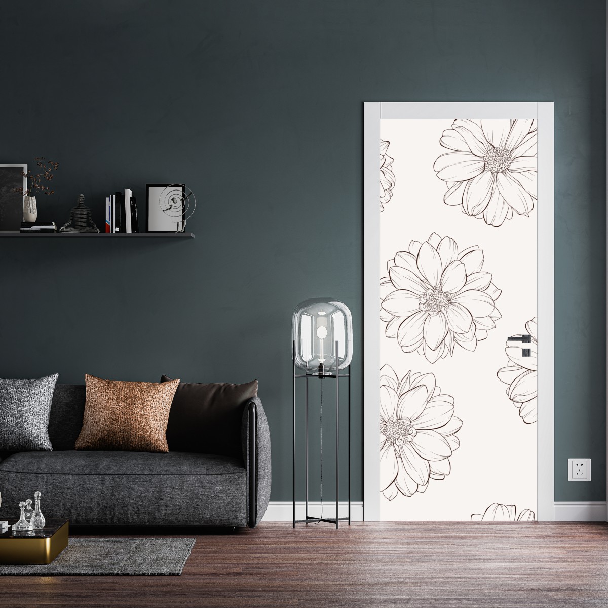 Naklejka na drzwi delikatny wzór kwiatowy w odcieniach beżu – Wallissimo® Naklejka na drzwi delikatny wzór kwiatowy w odcieniach beżu – Wallissimo®