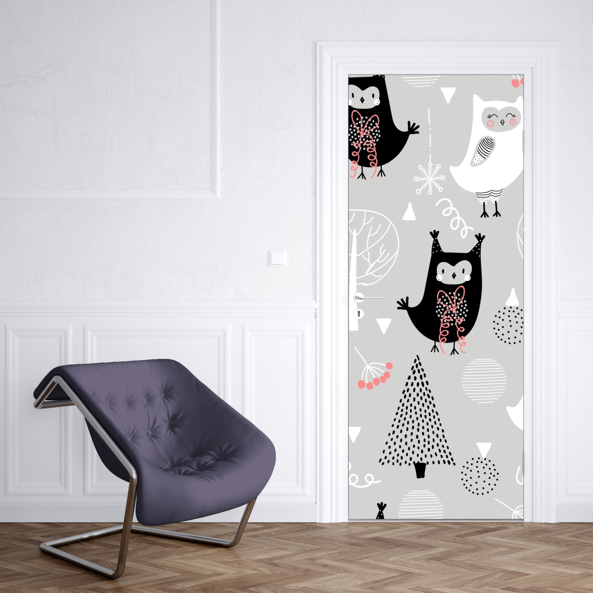 Naklejka na drzwi skandynawski wzór z sówkami do pokoju dziecięcego – Wallissimo® Naklejka na drzwi skandynawski wzór z sówkami do pokoju dziecięcego – Wallissimo®