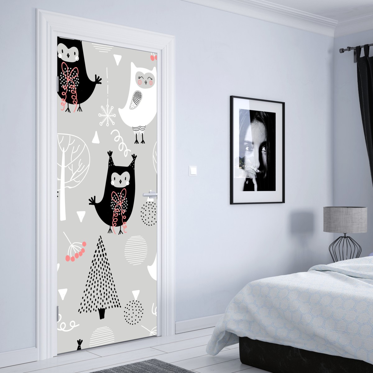 Naklejka na drzwi skandynawski wzór z sówkami do pokoju dziecięcego – Wallissimo® Naklejka na drzwi skandynawski wzór z sówkami do pokoju dziecięcego – Wallissimo®