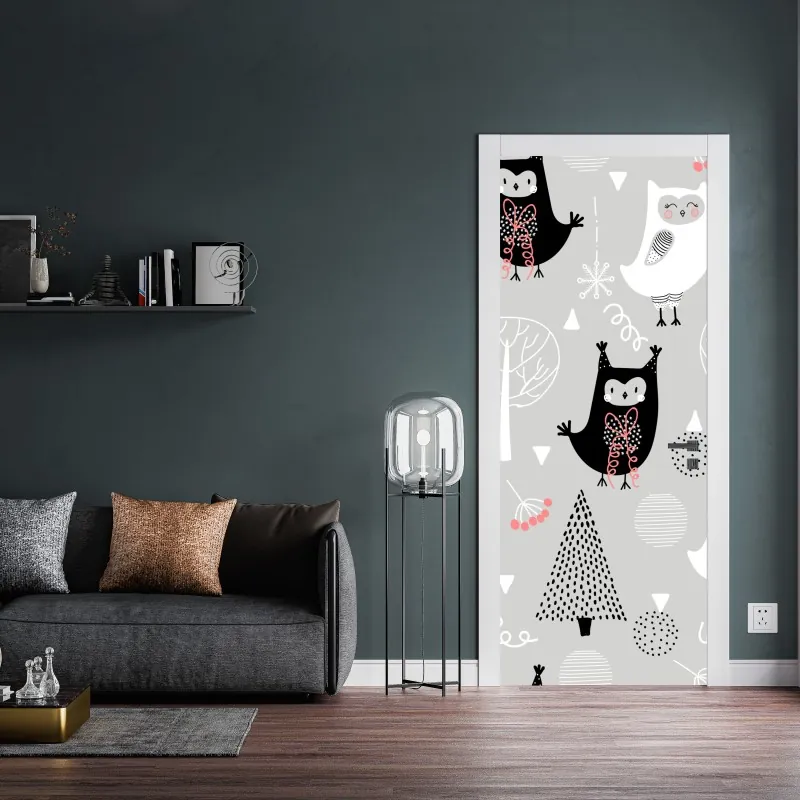 Naklejka na drzwi skandynawski wzór z sówkami do pokoju dziecięcego – Wallissimo® Naklejka na drzwi skandynawski wzór z sówkami do pokoju dziecięcego – Wallissimo®