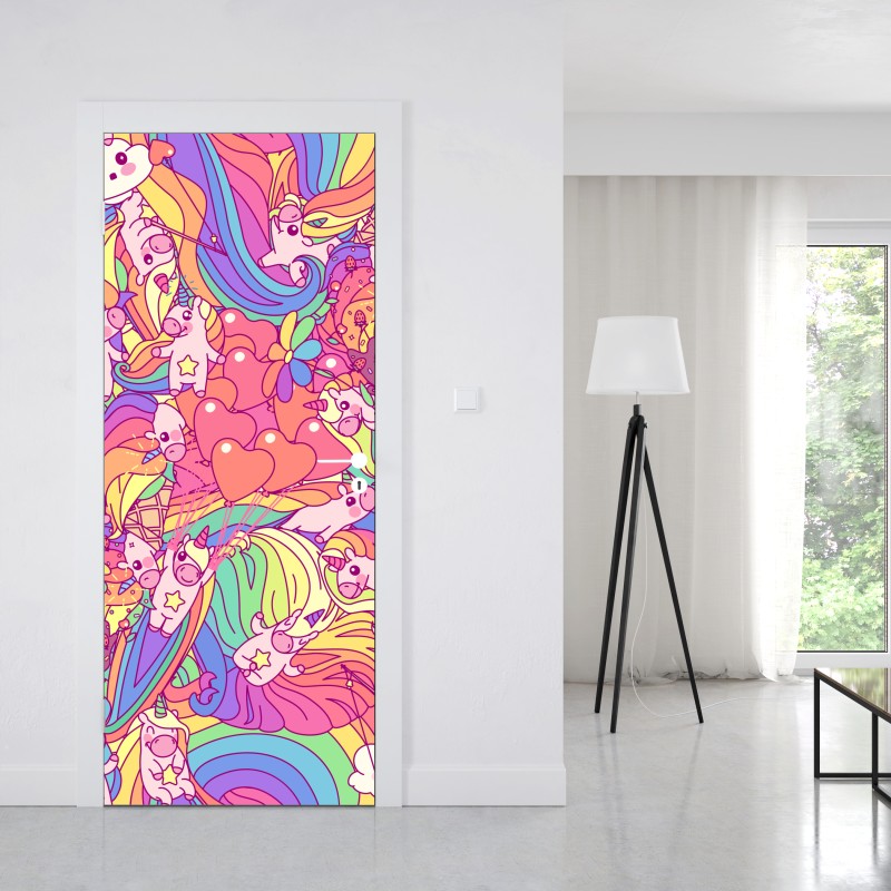 Naklejka na drzwi pastelowy wzór z jednorożcami – Wallissimo® Naklejka na drzwi pastelowy wzór z jednorożcami – Wallissimo®