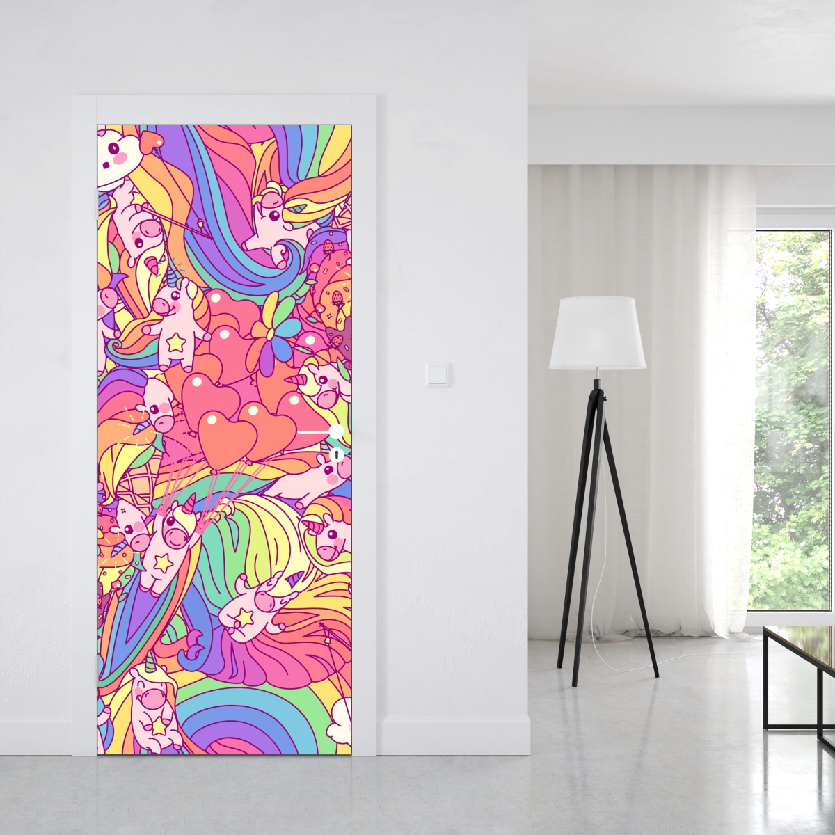 Naklejka na drzwi pastelowy wzór z jednorożcami – Wallissimo® Naklejka na drzwi pastelowy wzór z jednorożcami – Wallissimo®