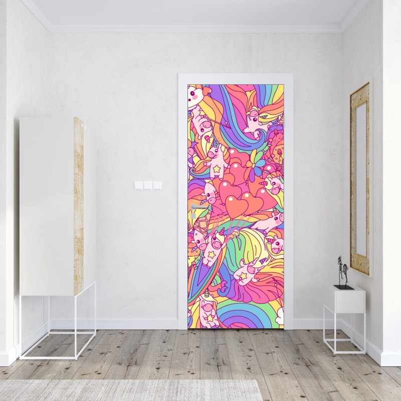 Naklejka na drzwi pastelowy wzór z jednorożcami – Wallissimo® Naklejka na drzwi pastelowy wzór z jednorożcami – Wallissimo®