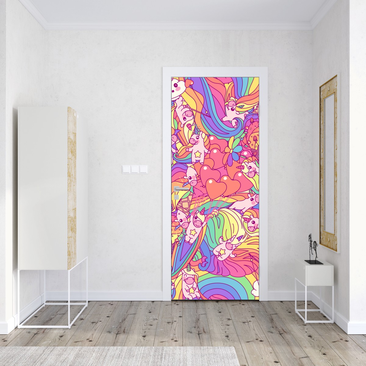 Naklejka na drzwi pastelowy wzór z jednorożcami – Wallissimo® Naklejka na drzwi pastelowy wzór z jednorożcami – Wallissimo®