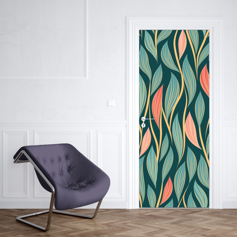 Naklejka na drzwi botaniczny wzór liści w turkusie i koralu – Wallissimo® Naklejka na drzwi botaniczny wzór liści w turkusie i koralu – Wallissimo®