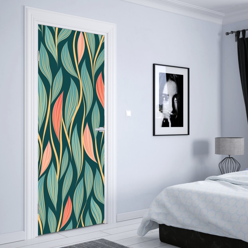 Naklejka na drzwi botaniczny wzór liści w turkusie i koralu – Wallissimo® Naklejka na drzwi botaniczny wzór liści w turkusie i koralu – Wallissimo®