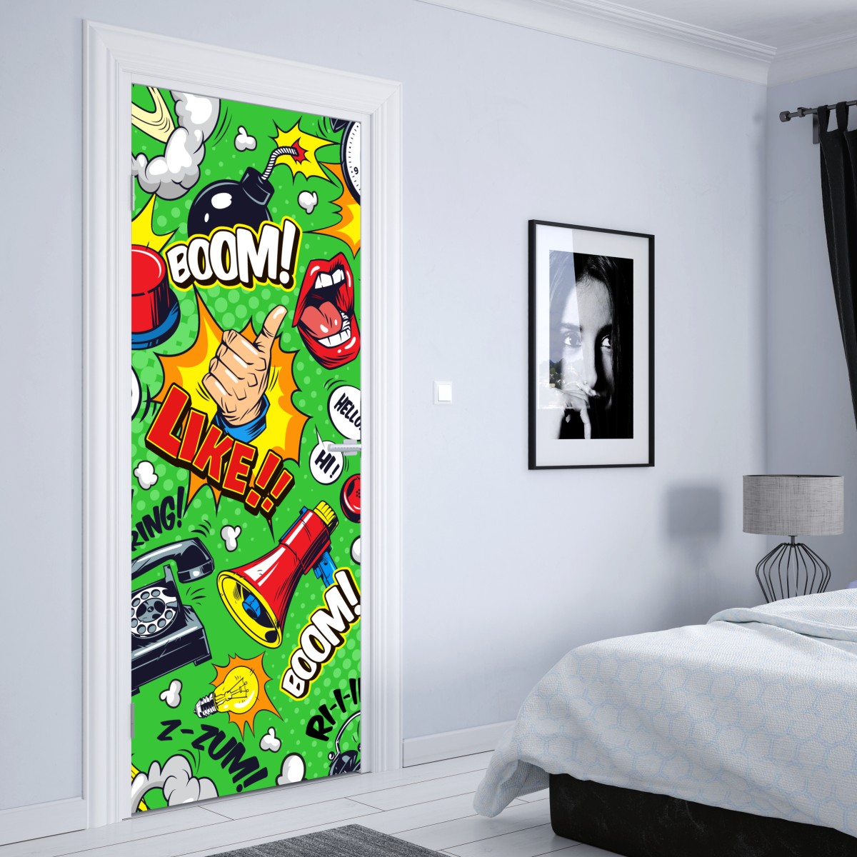 Naklejka na drzwi komiksowy wzór pop art z eksplozjami – Wallissimo® Naklejka na drzwi komiksowy wzór pop art z eksplozjami – Wallissimo®