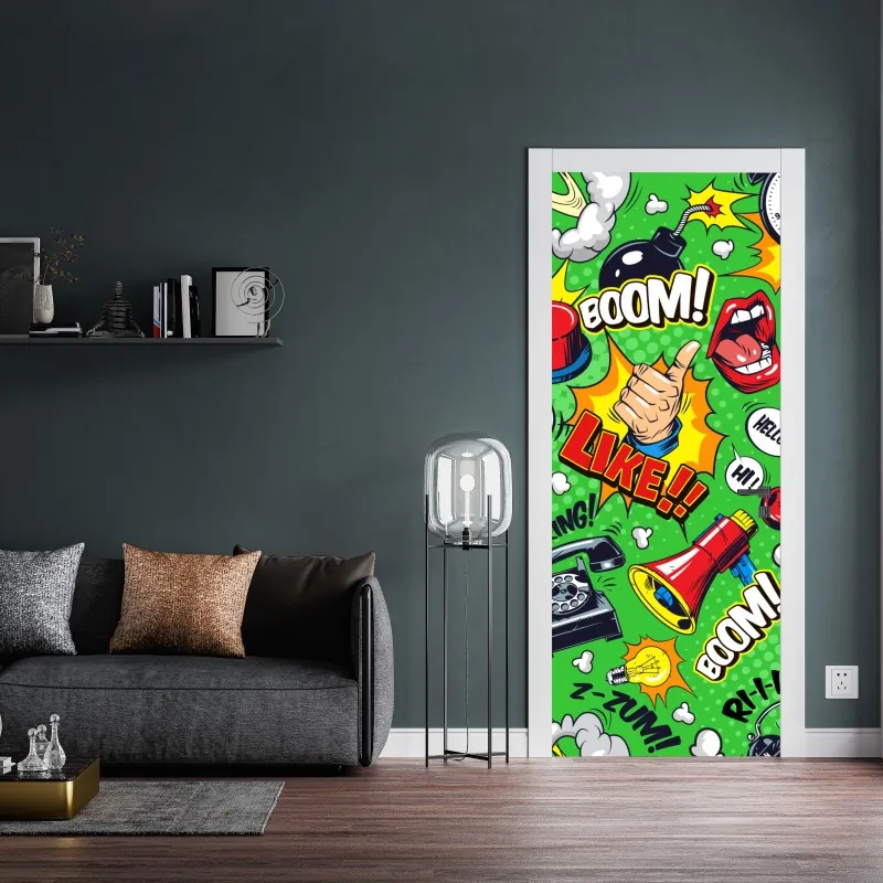 Naklejka na drzwi komiksowy wzór pop art z eksplozjami – Wallissimo® Naklejka na drzwi komiksowy wzór pop art z eksplozjami – Wallissimo®