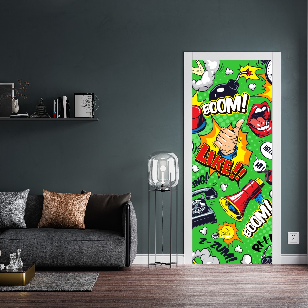 Naklejka na drzwi komiksowy wzór pop art z eksplozjami – Wallissimo® Naklejka na drzwi komiksowy wzór pop art z eksplozjami – Wallissimo®