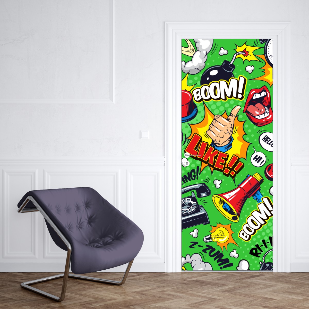Naklejka na drzwi komiksowy wzór pop art z eksplozjami – Wallissimo® Naklejka na drzwi komiksowy wzór pop art z eksplozjami – Wallissimo®
