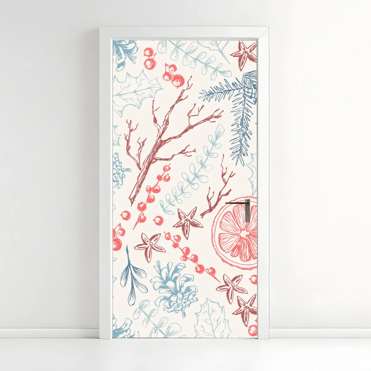 Naklejka na drzwi ręcznie rysowany zimowy wzór botaniczny – Wallissimo® Naklejka na drzwi ręcznie rysowany zimowy wzór botaniczny – Wallissimo®