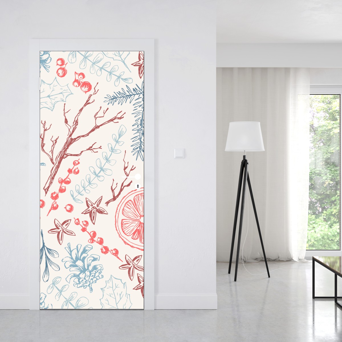 Naklejka na drzwi ręcznie rysowany zimowy wzór botaniczny – Wallissimo® Naklejka na drzwi ręcznie rysowany zimowy wzór botaniczny – Wallissimo®