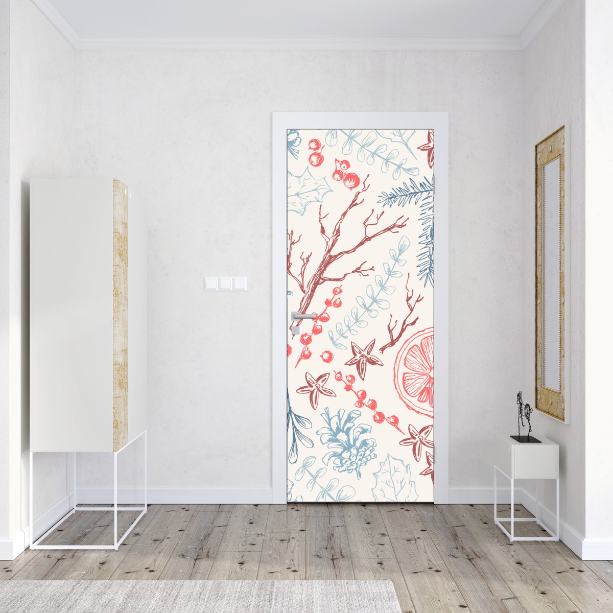 Naklejka na drzwi ręcznie rysowany zimowy wzór botaniczny – Wallissimo® Naklejka na drzwi ręcznie rysowany zimowy wzór botaniczny – Wallissimo®