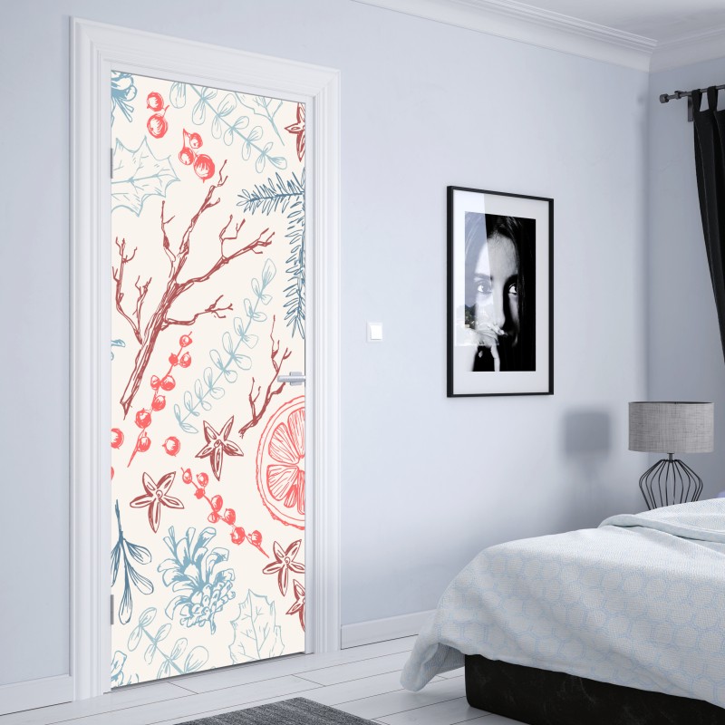 Naklejka na drzwi ręcznie rysowany zimowy wzór botaniczny – Wallissimo® Naklejka na drzwi ręcznie rysowany zimowy wzór botaniczny – Wallissimo®