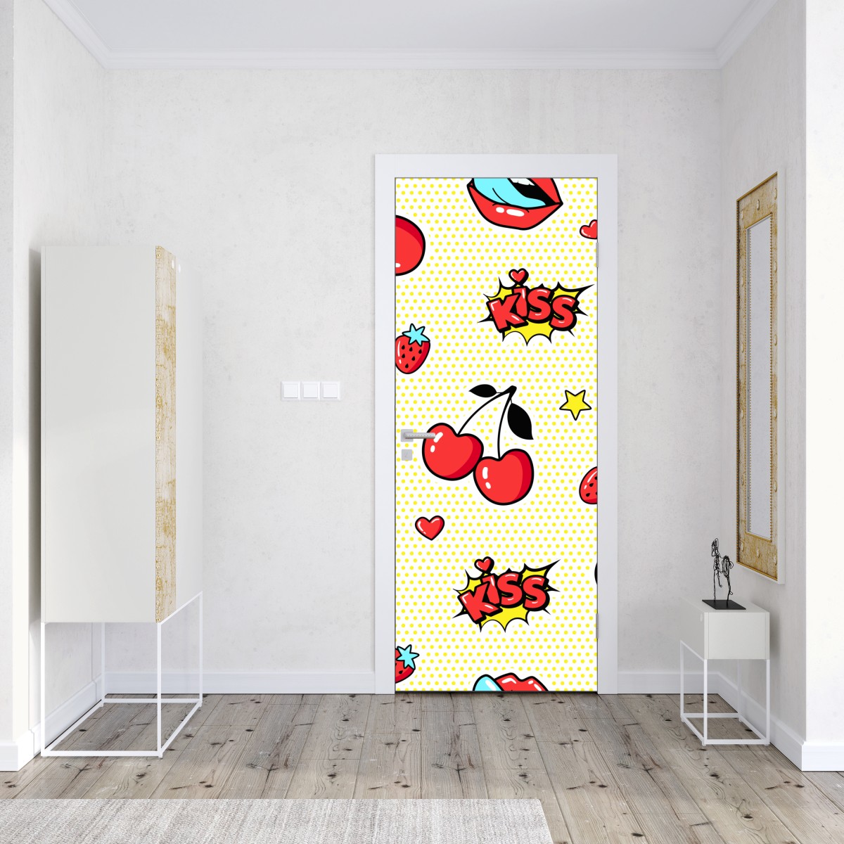 Naklejka na drzwi zabawny pop art wzór z wisienkami i całusem – Wallissimo® Naklejka na drzwi zabawny pop art wzór z wisienkami i całusem – Wallissimo®