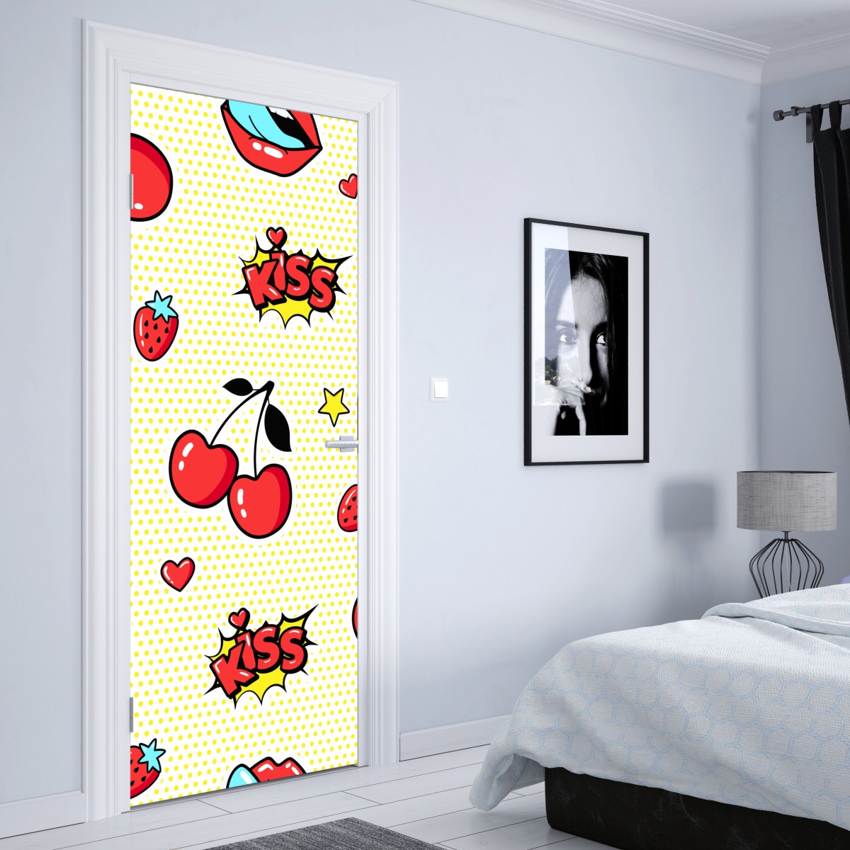 Naklejka na drzwi zabawny pop art wzór z wisienkami i całusem – Wallissimo® Naklejka na drzwi zabawny pop art wzór z wisienkami i całusem – Wallissimo®