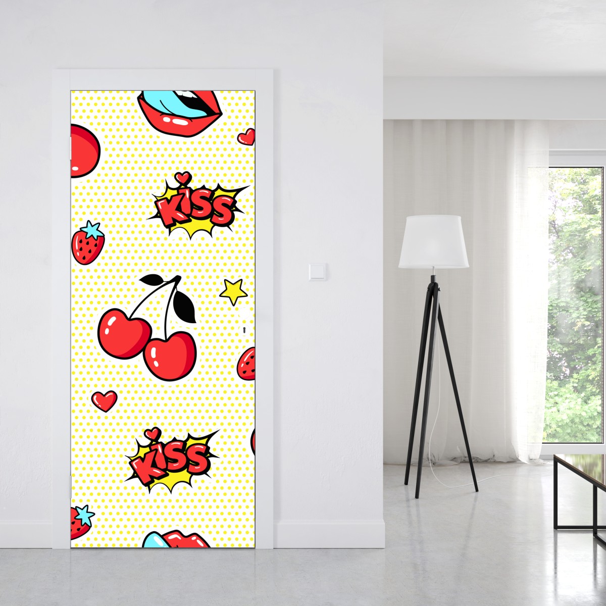 Naklejka na drzwi zabawny pop art wzór z wisienkami i całusem – Wallissimo® Naklejka na drzwi zabawny pop art wzór z wisienkami i całusem – Wallissimo®