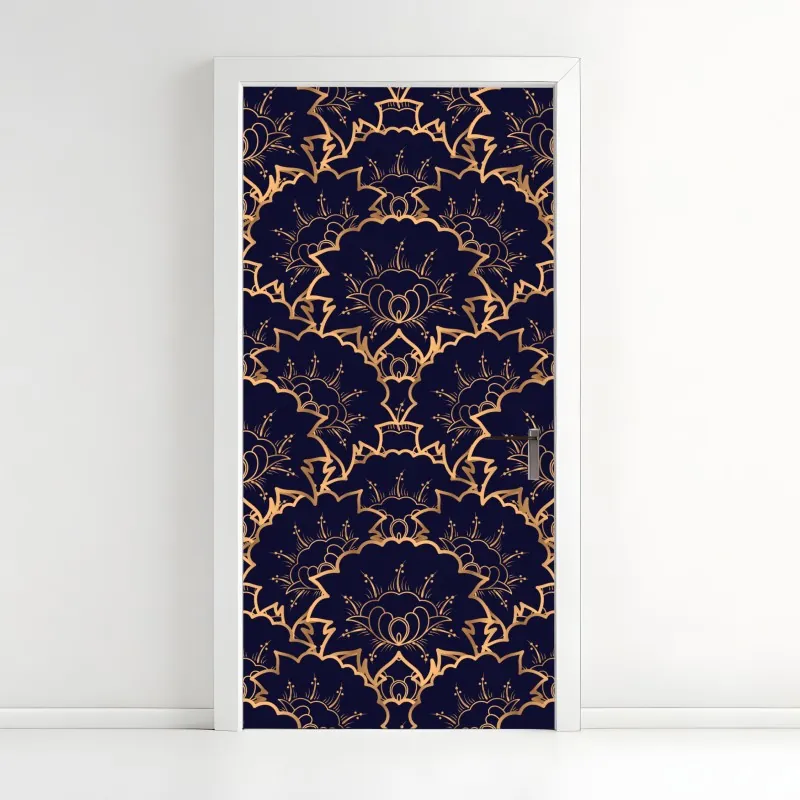 Naklejka na drzwi luksusowy złoty wzór kwiatowy na granacie