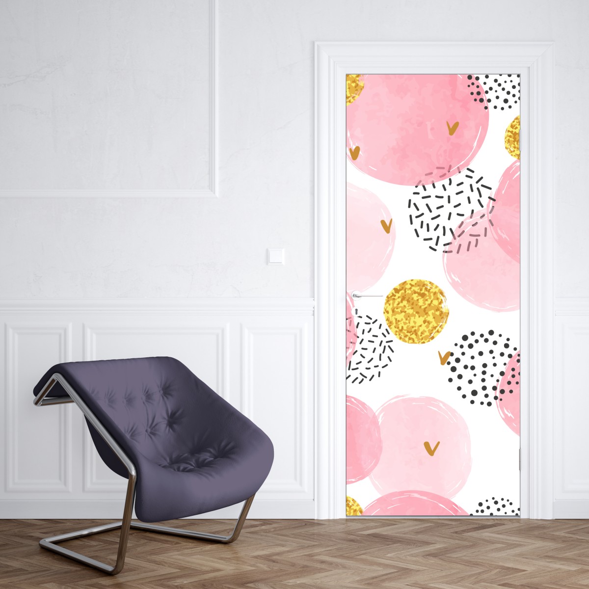 Naklejka na drzwi różowy akwarelowy wzór z okręgami i złotymi akcentami – Wallissimo® Naklejka na drzwi różowy akwarelowy wzór z okręgami i złotymi akcentami – Wallissimo®