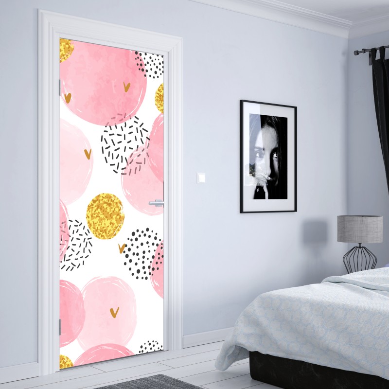 Naklejka na drzwi różowy akwarelowy wzór z okręgami i złotymi akcentami – Wallissimo® Naklejka na drzwi różowy akwarelowy wzór z okręgami i złotymi akcentami – Wallissimo®