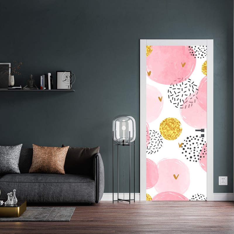 Naklejka na drzwi różowy akwarelowy wzór z okręgami i złotymi akcentami – Wallissimo® Naklejka na drzwi różowy akwarelowy wzór z okręgami i złotymi akcentami – Wallissimo®