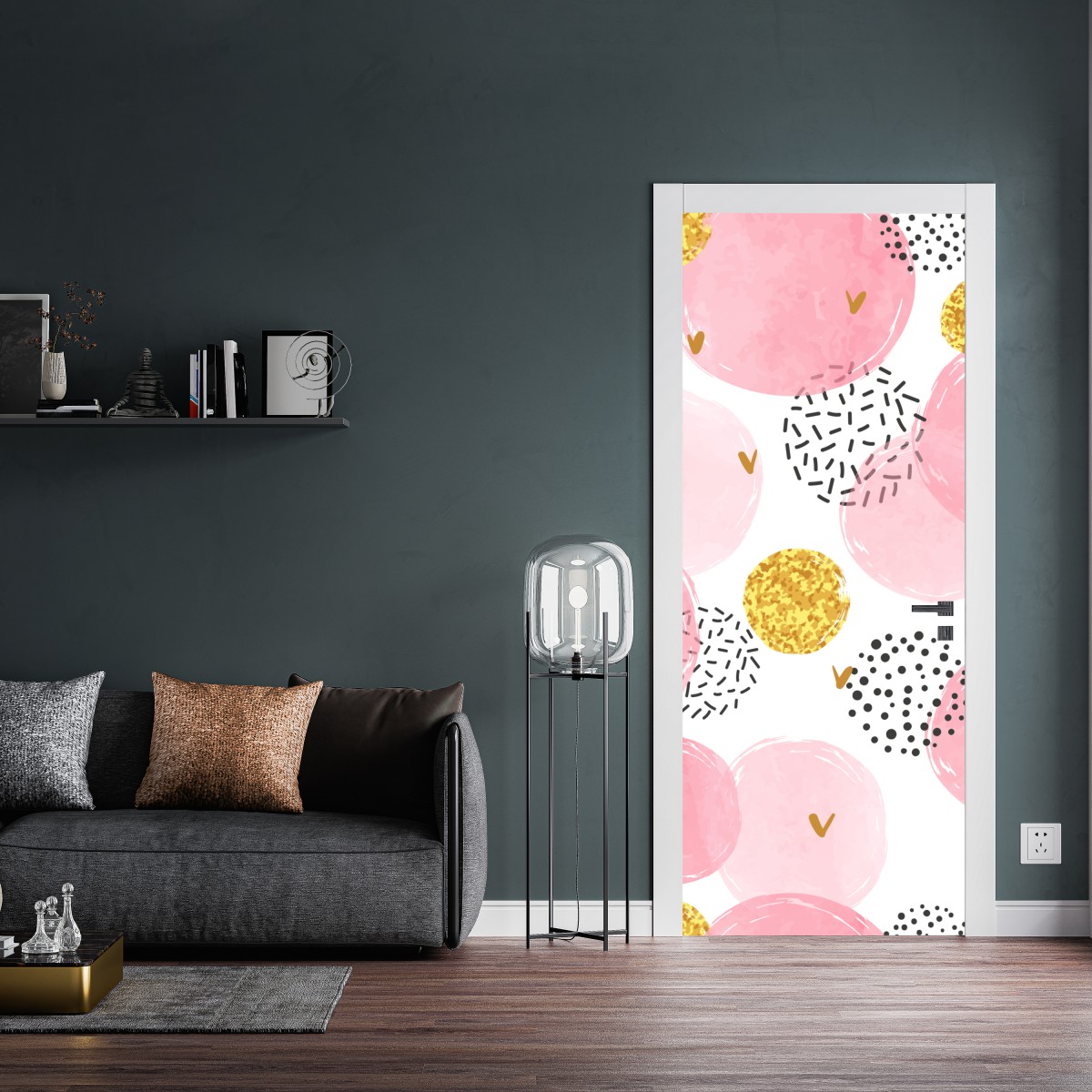 Naklejka na drzwi różowy akwarelowy wzór z okręgami i złotymi akcentami – Wallissimo® Naklejka na drzwi różowy akwarelowy wzór z okręgami i złotymi akcentami – Wallissimo®