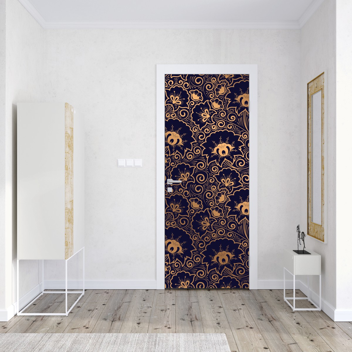 Naklejka na drzwi luksusowy złoty wzór kwiatowy na ciemnym tle – Wallissimo® Naklejka na drzwi luksusowy złoty wzór kwiatowy na ciemnym tle – Wallissimo®
