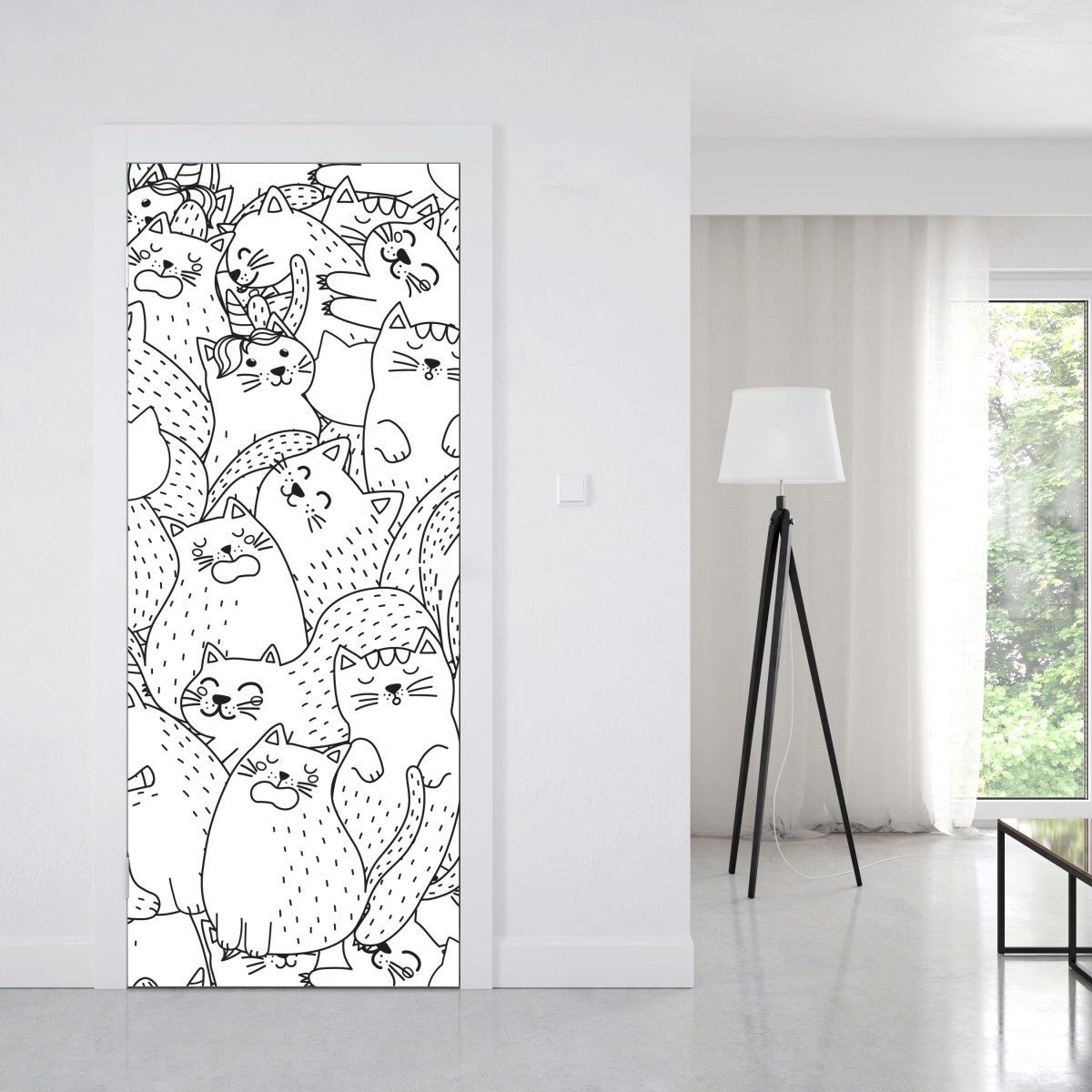 Naklejka na drzwi wzór z kotami w stylu doodle – Wallissimo® Naklejka na drzwi wzór z kotami w stylu doodle – Wallissimo®