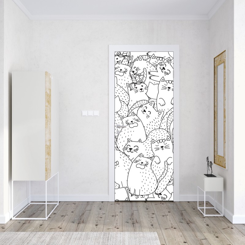 Naklejka na drzwi wzór z kotami w stylu doodle – Wallissimo® Naklejka na drzwi wzór z kotami w stylu doodle – Wallissimo®