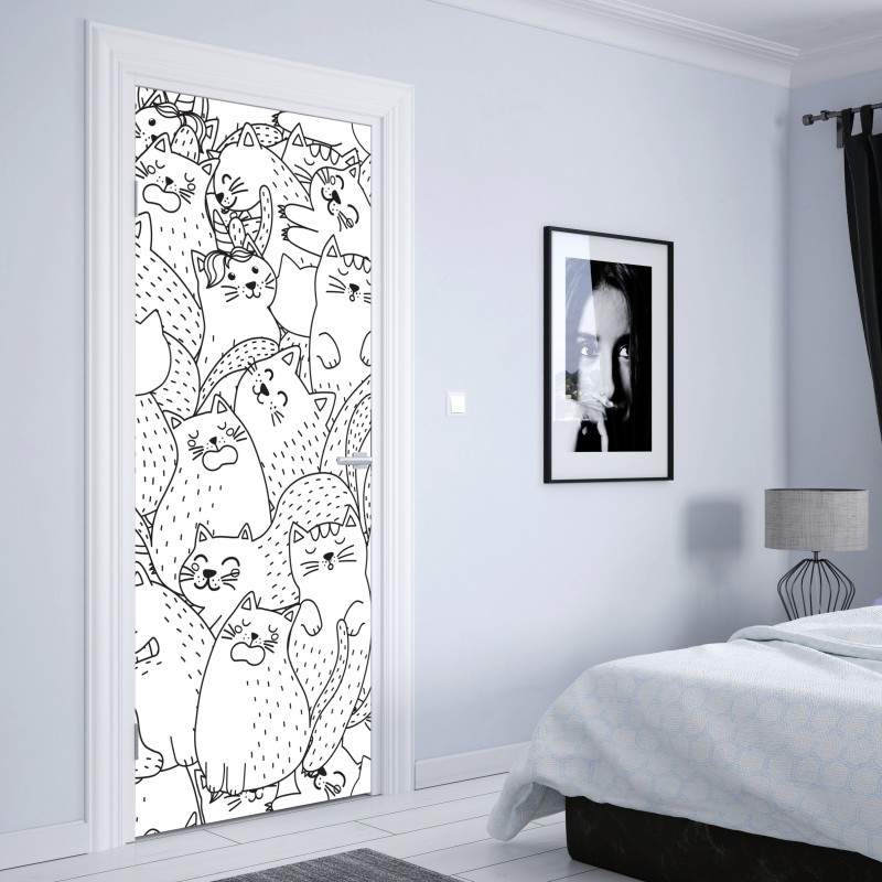 Naklejka na drzwi wzór z kotami w stylu doodle – Wallissimo® Naklejka na drzwi wzór z kotami w stylu doodle – Wallissimo®