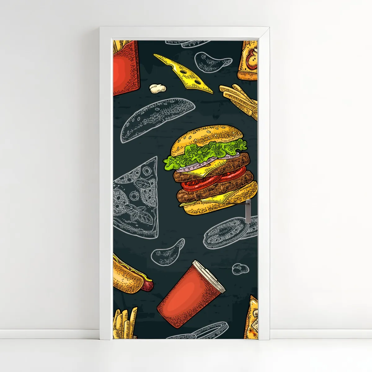 Naklejka na drzwi retro wzór fast food – Wallissimo® Naklejka na drzwi retro wzór fast food – Wallissimo®