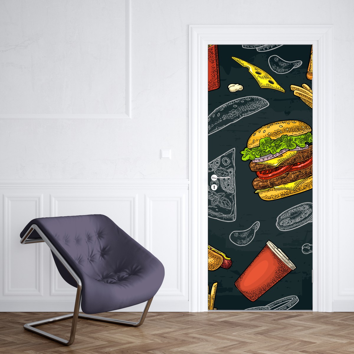 Naklejka na drzwi retro wzór fast food – Wallissimo® Naklejka na drzwi retro wzór fast food – Wallissimo®