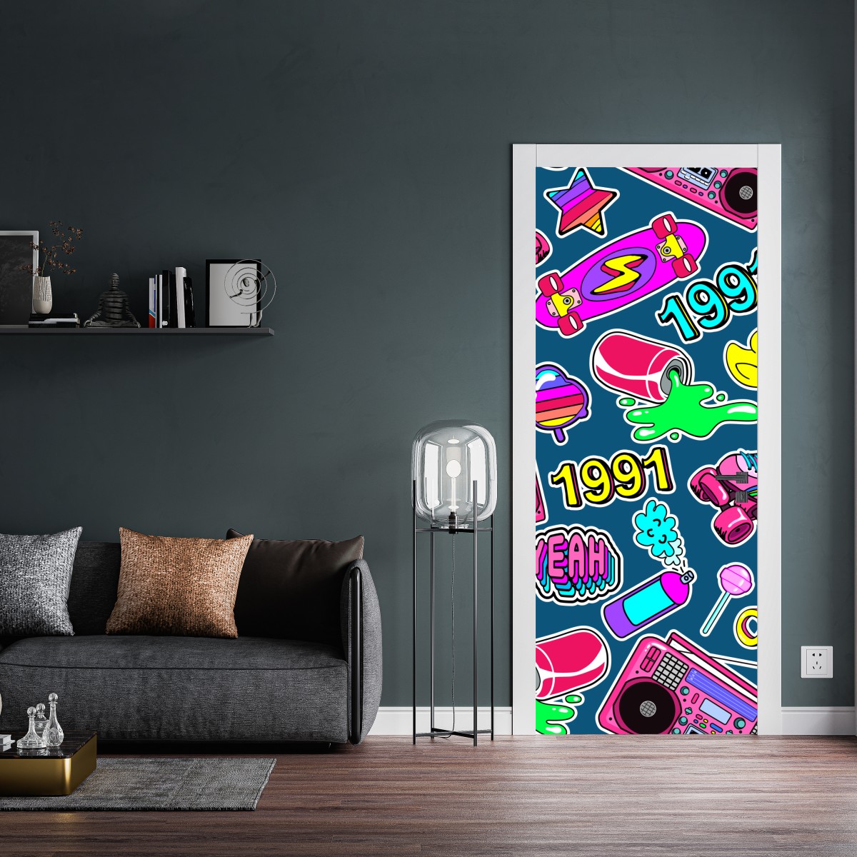 Naklejka na drzwi żywy kolaż naklejek w stylu lat 90 – Wallissimo® Naklejka na drzwi żywy kolaż naklejek w stylu lat 90 – Wallissimo®