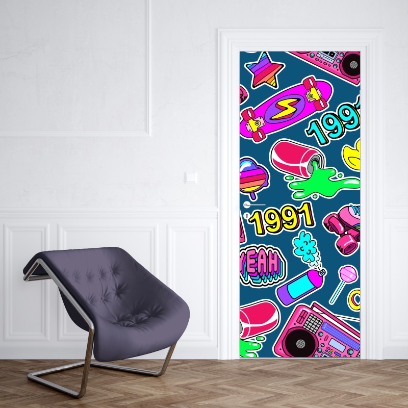 Naklejka na drzwi żywy kolaż naklejek w stylu lat 90 – Wallissimo® Naklejka na drzwi żywy kolaż naklejek w stylu lat 90 – Wallissimo®