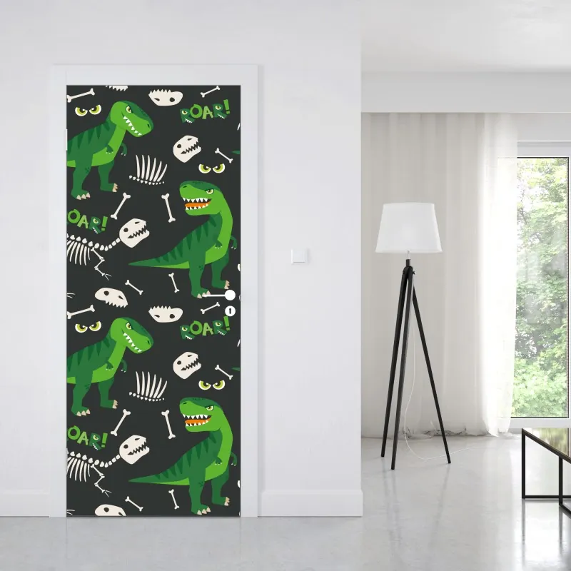 Naklejka na drzwi wesoły zielony t-rex wzór – Wallissimo® Naklejka na drzwi wesoły zielony t-rex wzór – Wallissimo®