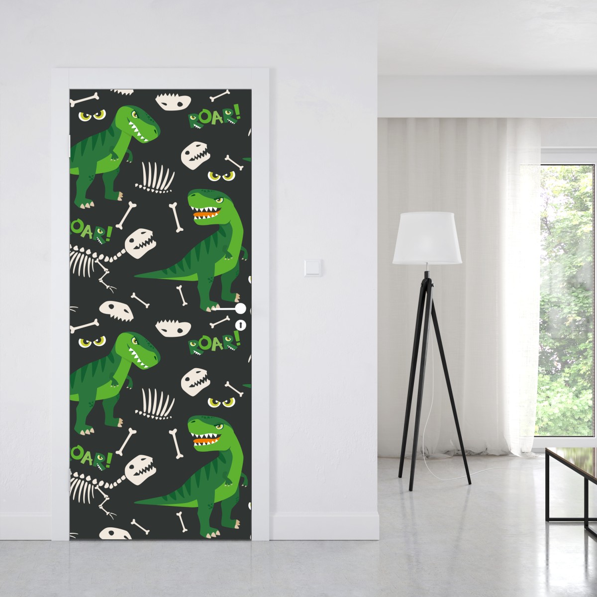 Naklejka na drzwi wesoły zielony t-rex wzór – Wallissimo® Naklejka na drzwi wesoły zielony t-rex wzór – Wallissimo®