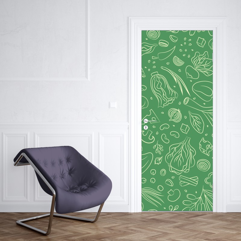 Naklejka na drzwi zielony wzór z warzywami – Wallissimo® Naklejka na drzwi zielony wzór z warzywami – Wallissimo®