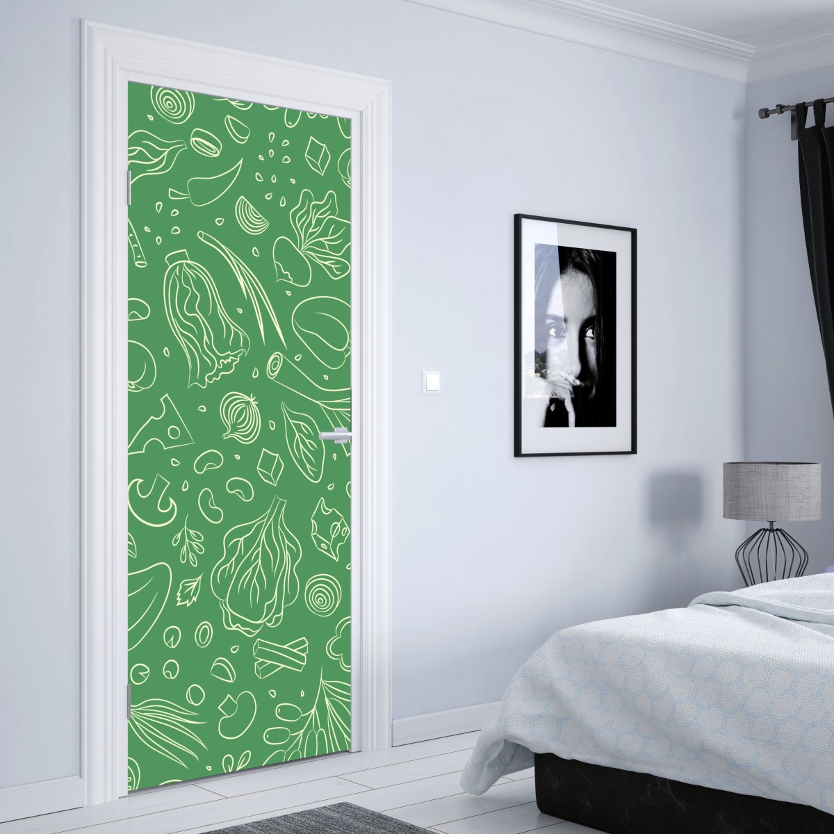 Naklejka na drzwi zielony wzór z warzywami – Wallissimo® Naklejka na drzwi zielony wzór z warzywami – Wallissimo®