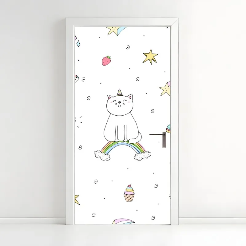 Naklejka na drzwi zimowy las brzozowy ze złotym świtem – Wallissimo®