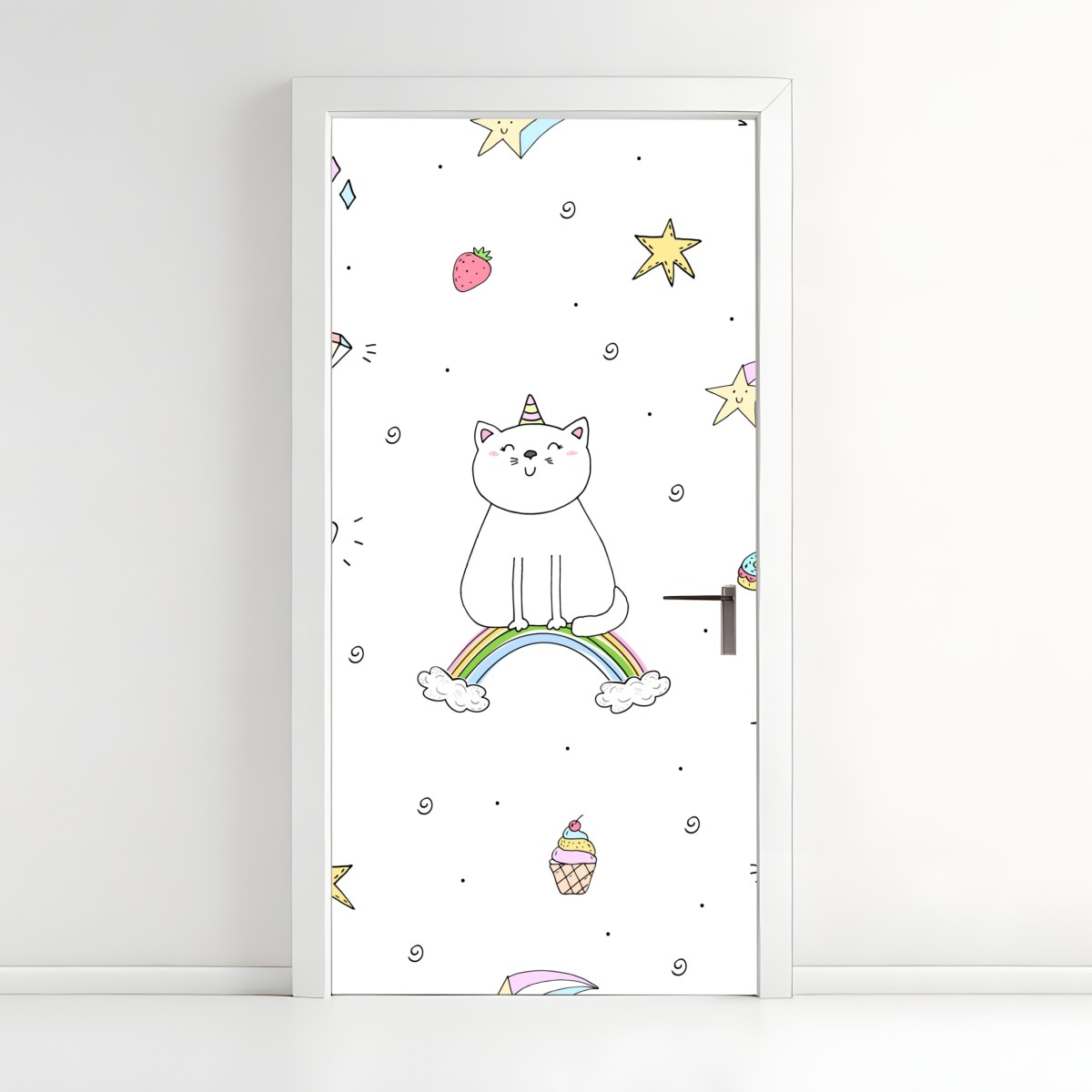 Door sticker pastel unicorn cat and rainbow pattern