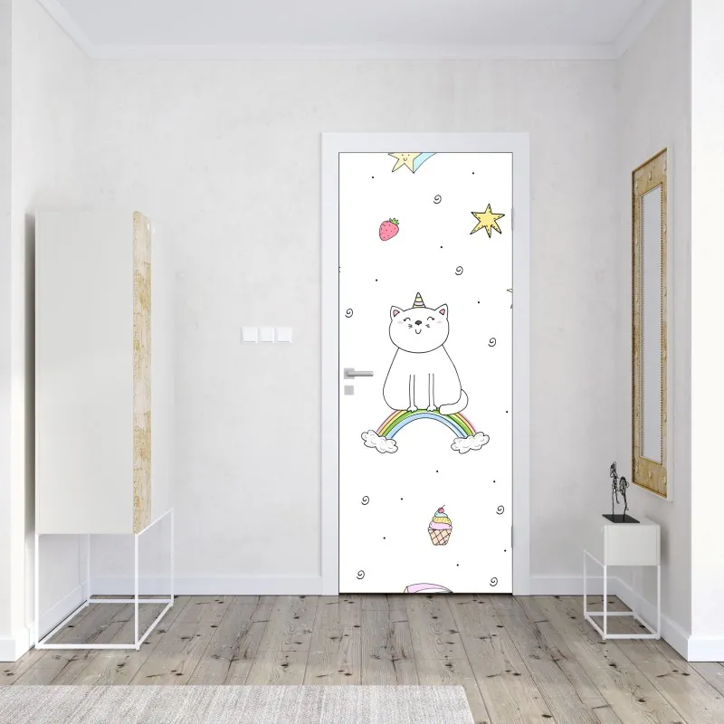 Naklejka na drzwi zimowy las brzozowy ze złotym świtem – Wallissimo®